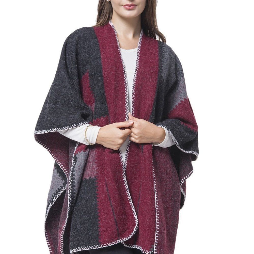 Ruana Blocks Pattern Burgundy and Black